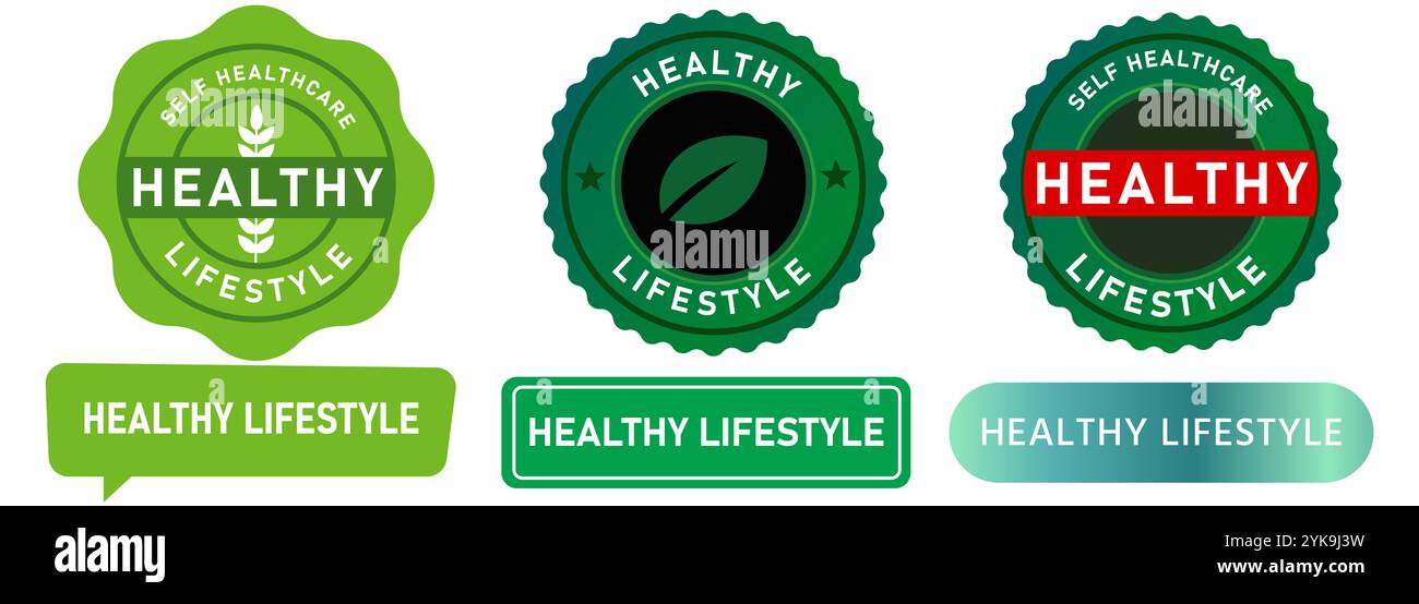 Choix de mode de vie sain Selfcare Health Way Clean Eating Food gym exercice d'entraînement positif timbre de vie écusson vert emblème autocollant bannière d'étiquette Illustration de Vecteur