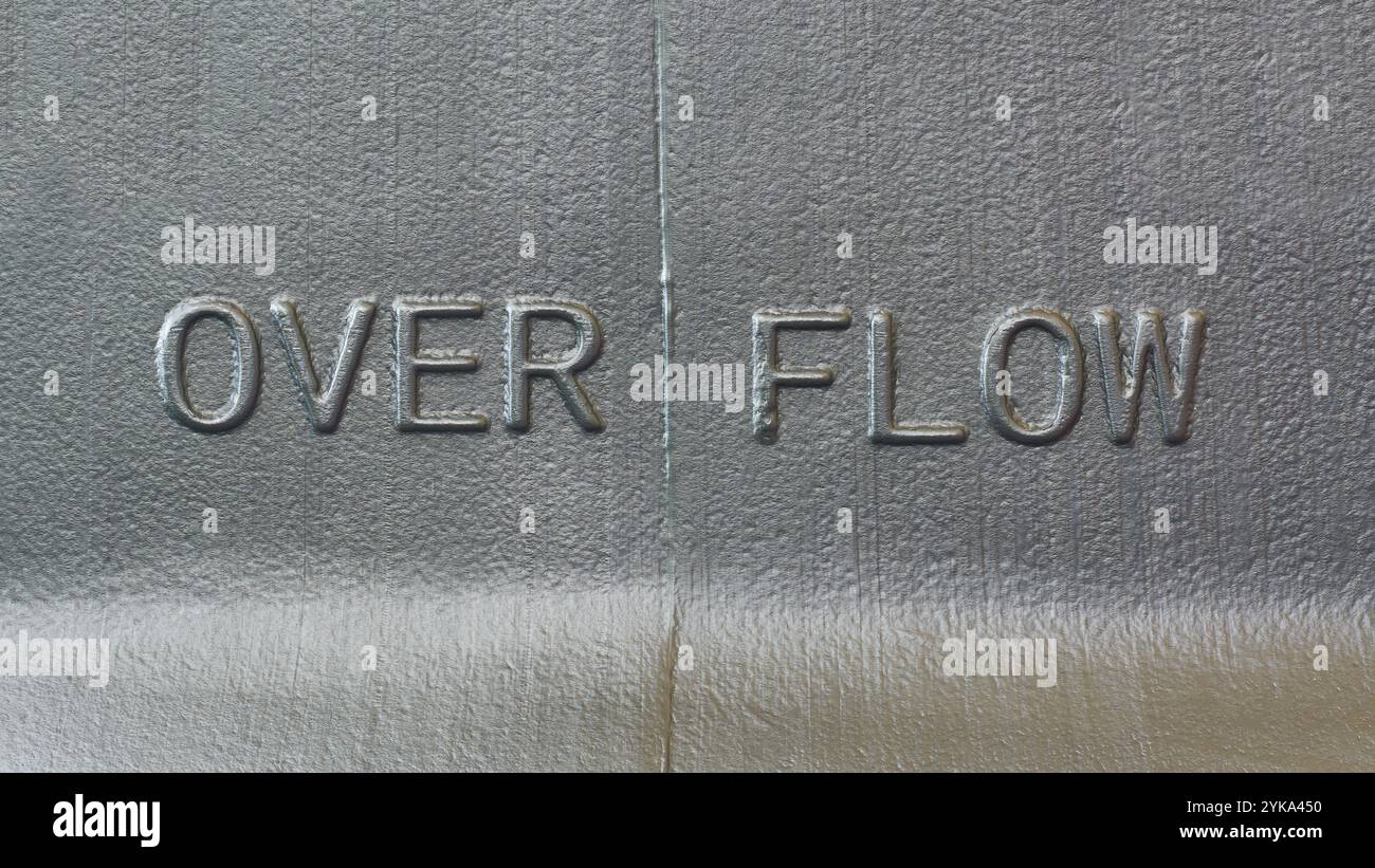 instructions moulées sur la surface en plastique noir texturé, icône de débordement avec des informations importantes sur le réservoir d'eau Banque D'Images