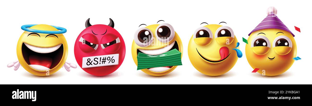 Jeu de caractères vectoriels Money Mouth. Clipart emojis personnage ange heureux, mal en colère, clown d'anniversaire mignon avec icônes jaunes expression faciale Illustration de Vecteur