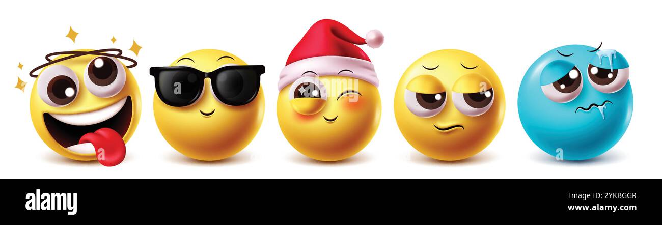Jeu de caractères vectoriels de noël santa emoji. Emojis santa claus clignant visage portant chapeau costume avec bavure, cool, mignon, triste et froid expressions faciales Illustration de Vecteur