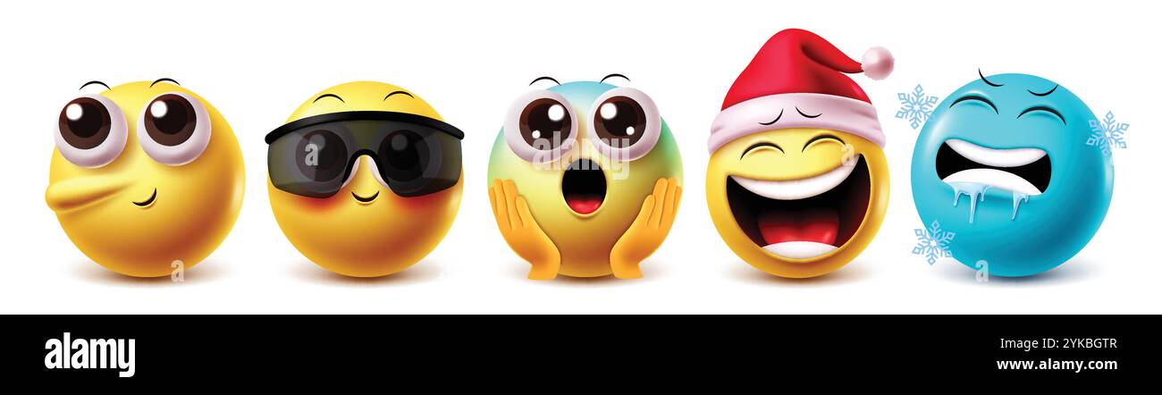 Jeu de caractères vectoriels emoji choquant. Pinocchio et Xmas santa clipart personnage avec emojis expressions faciales comme mignon, cool, surprise, rire Illustration de Vecteur