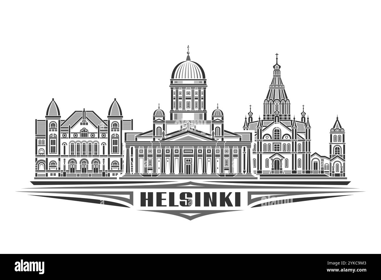 Illustration vectorielle d'Helsinki, carte horizontale monochrome avec design linéaire paysage urbain d'helsinki, concept d'art urbain européen avec le décoratif Illustration de Vecteur