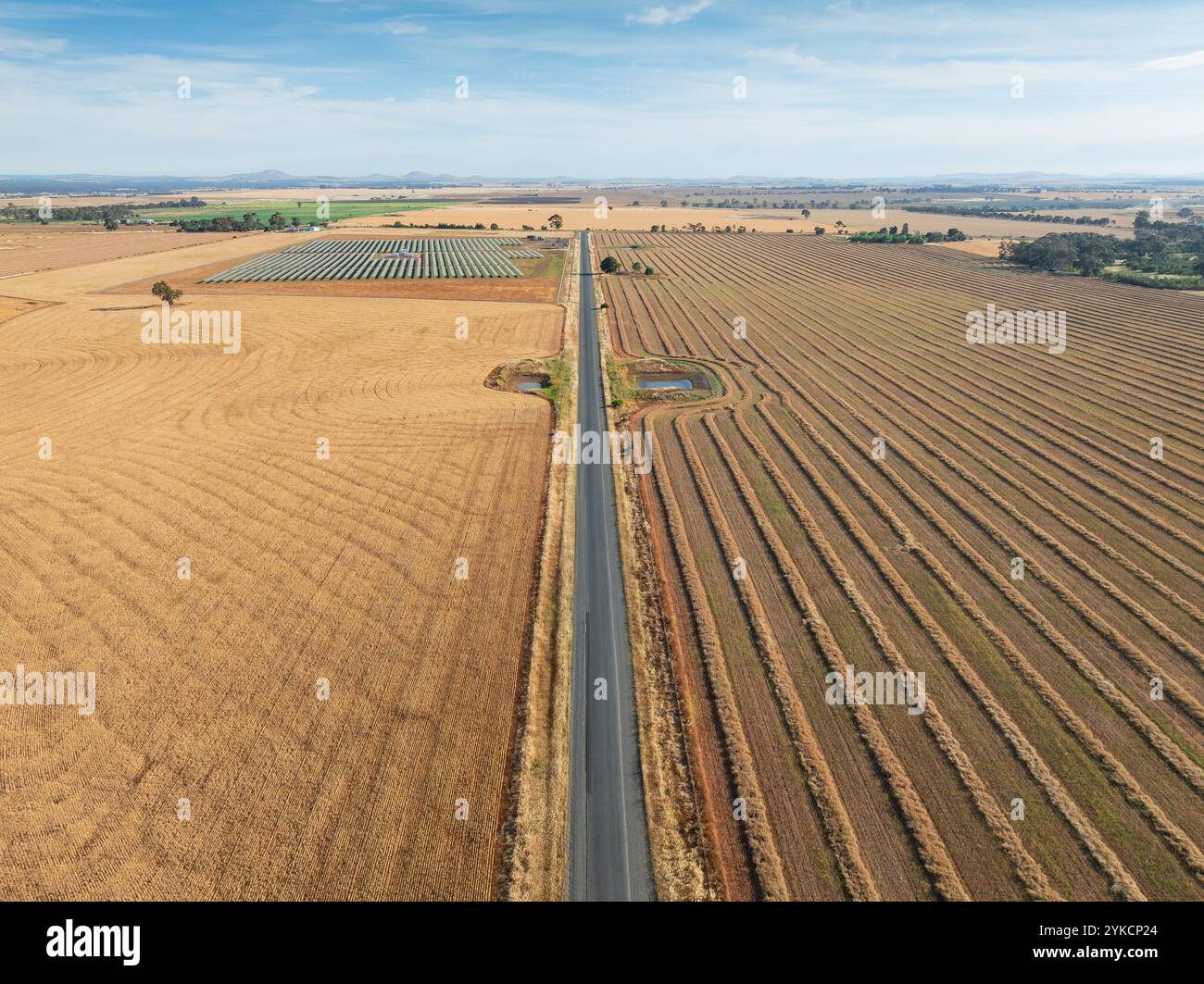 Vue aérienne des modèles de récolteuse dans une récolte céréalière à Moolort dans le centre de Victoria, Australie. Banque D'Images
