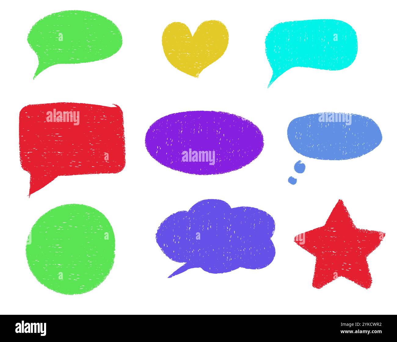 Collection colorée de formes texturées de crayon avec des bulles de parole et des formes géométriques, symbole d'étoile et de coeur. Bordure grunge avec look dessiné à la main pour les cadres de message, la zone de texte et la conception des médias sociaux. Illustration de Vecteur