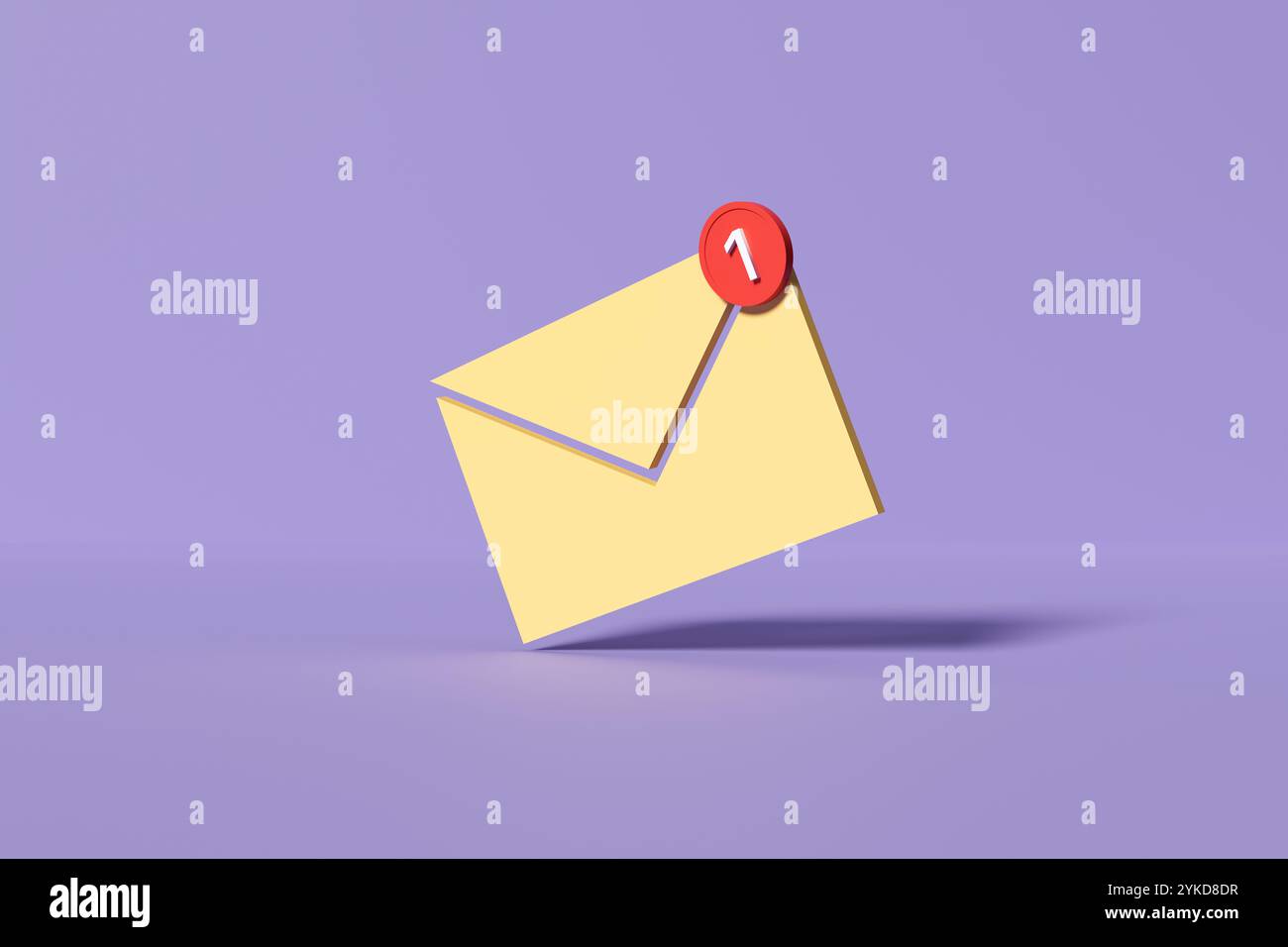 Icône d'e-mail jaune minimale avec un badge de notification rouge affichant un message non lu sur un fond violet. Rendu 3D. Banque D'Images