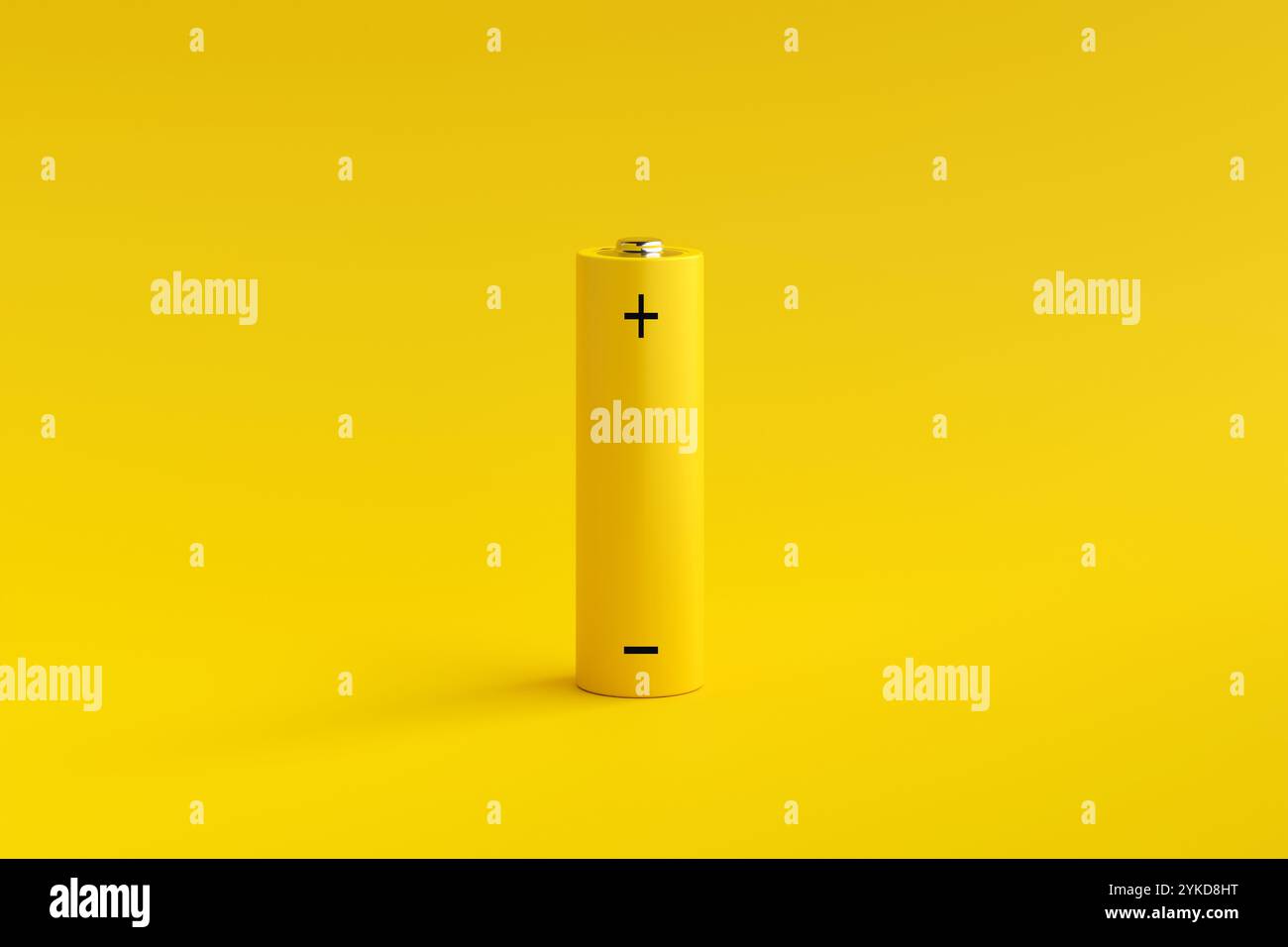 Photo studio d'une seule pile aa jaune debout sur un fond jaune transparent, représentant l'énergie et la puissance. Rendu 3D. Banque D'Images