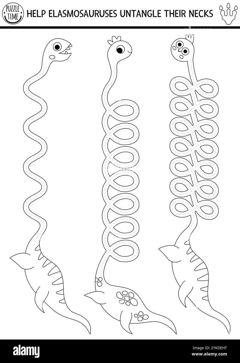 Feuille de travail de pratique d'écriture manuscrite en noir et blanc de vecteur avec des dinosaures. Démêler les cols d'élasmosaurus. Activité de dessin imprimable ligne préhistorique avec un Illustration de Vecteur