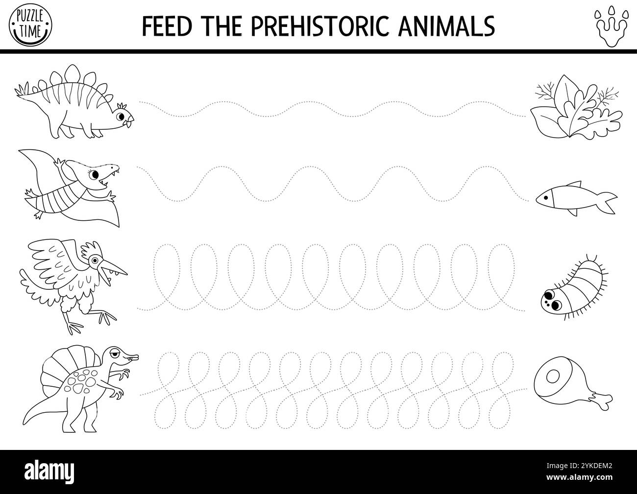 Feuille de travail de pratique de l'écriture manuscrite Vector noir et blanc. Nourrissez le jeu de dinosaures. Ligne préhistorique imprimable activité de dessin pour les enfants avec ancien a Illustration de Vecteur