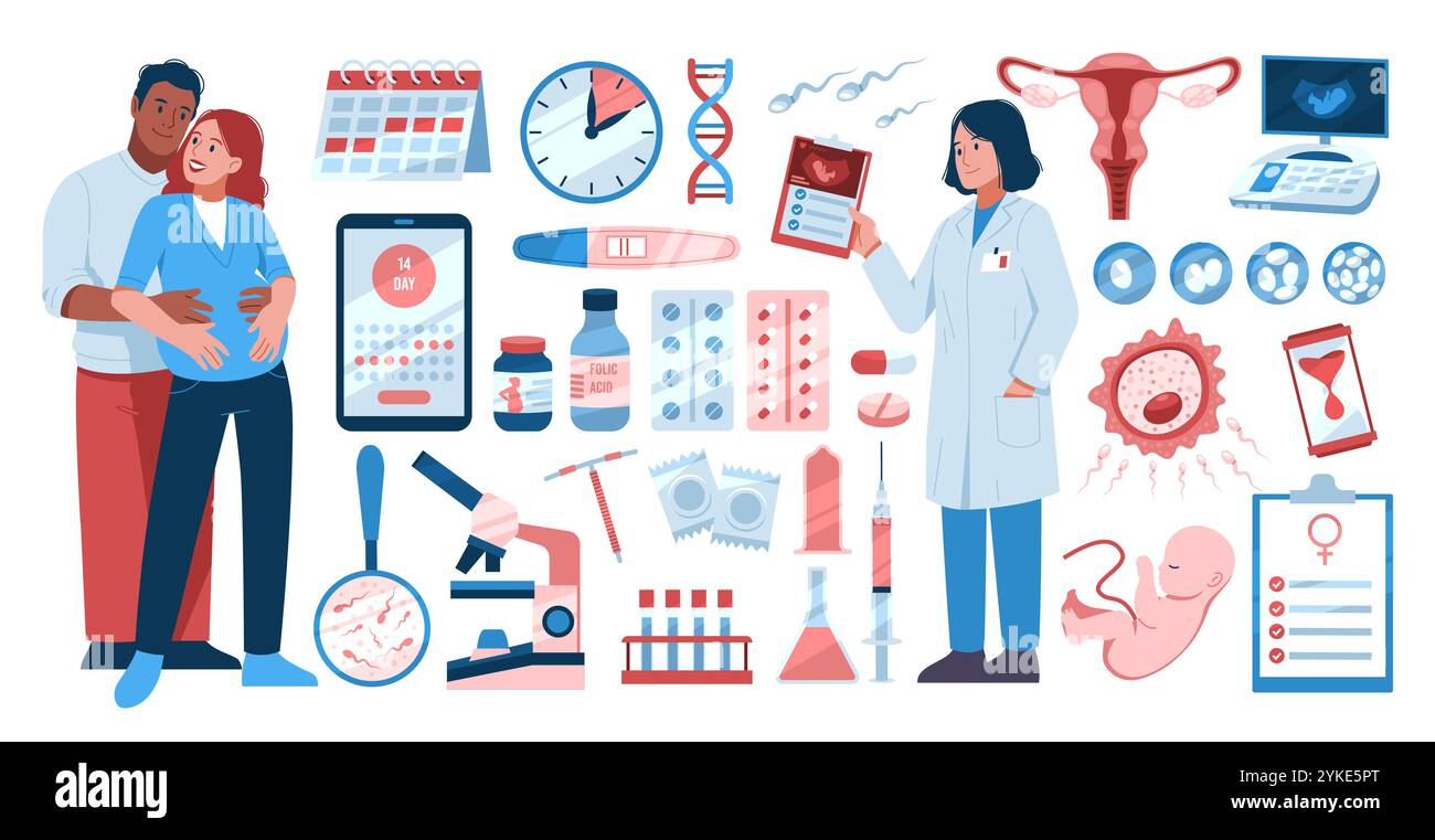 Eléments de fertilité des personnes. Couple heureux attendant bébé, gynécologue avec image de fœtus, planification de grossesse, conception, vitamines et pilules dessin animé Illustration de Vecteur