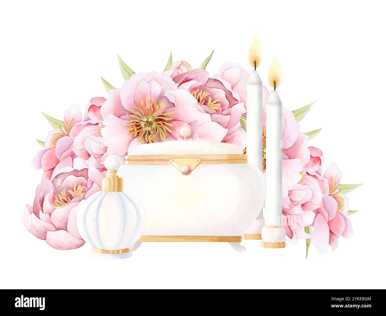 Accessoires de beauté rétro avec boîte à bijoux blanche, bouteille de parfum en or, bougies et fleurs de jardin illustration aquarelle Banque D'Images
