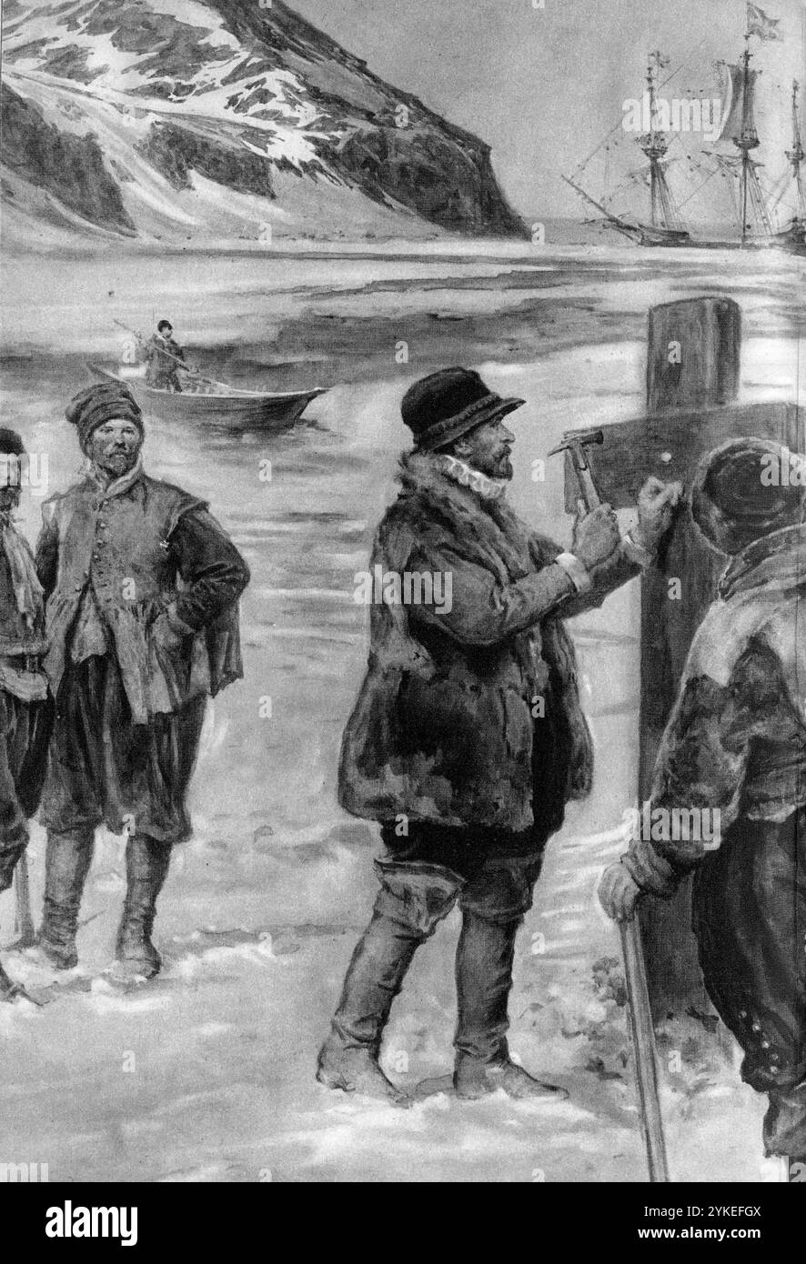 L'explorateur britannique William Baffin (v. 1584 – 1622) clache un six pence à une croix en bois pour revendiquer le Spitzberg. Navigateur, explorateur et cartographe de talent, Baffin est surtout connu pour sa tentative de trouver un passage du Nord-Ouest de l'Atlantique au Pacifique, au cours duquel il fut le premier européen à découvrir la baie de Baffin entre le Canada et le Groenland. Il a également été responsable des relevés exceptionnels de la mer Rouge et du golfe Persique pour le compte de la Compagnie des Indes orientales. Banque D'Images