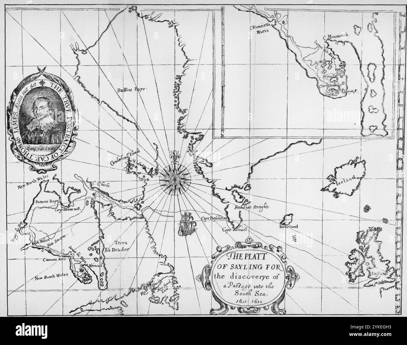 Carte de Thomas James appelée le Platt de Sayling pour la découverte d'Un passage dans la mer du Sud 1631-1632 le titre de cette carte indique clairement l'intention du voyage en Amérique du Nord entrepris par le capitaine James. Il entra dans la baie d’Hudson pour chercher et, espérons-le, découvrir un passage menant vers l’ouest dans l’océan occidental (ou austral). Son but n'a pas été atteint. James montre sur sa carte l'arène plus large de l'exploration dans la quête du passage du Nord-Ouest, en incluant les régions septentrionales du bassin Foxe, du détroit de Davis et de la baie de Baffin. Au cours de sa tentative, il a clarifié le Banque D'Images