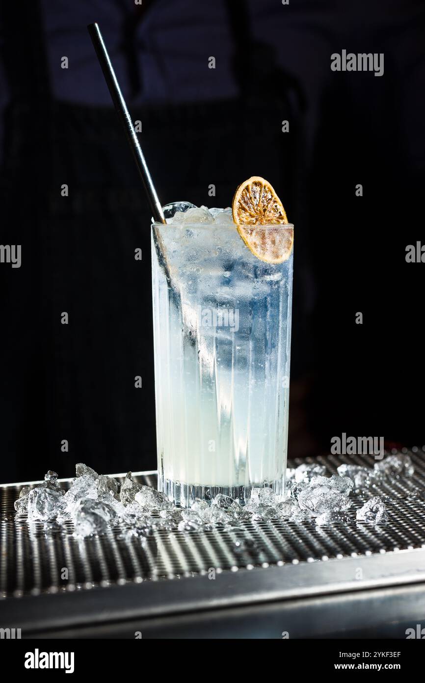 Un cocktail rafraîchissant Tom Collins servi dans un grand verre avec des glaçons et garni d'une tranche d'agrumes séchés parfaitement présenté sur un comptoir de bar f Banque D'Images