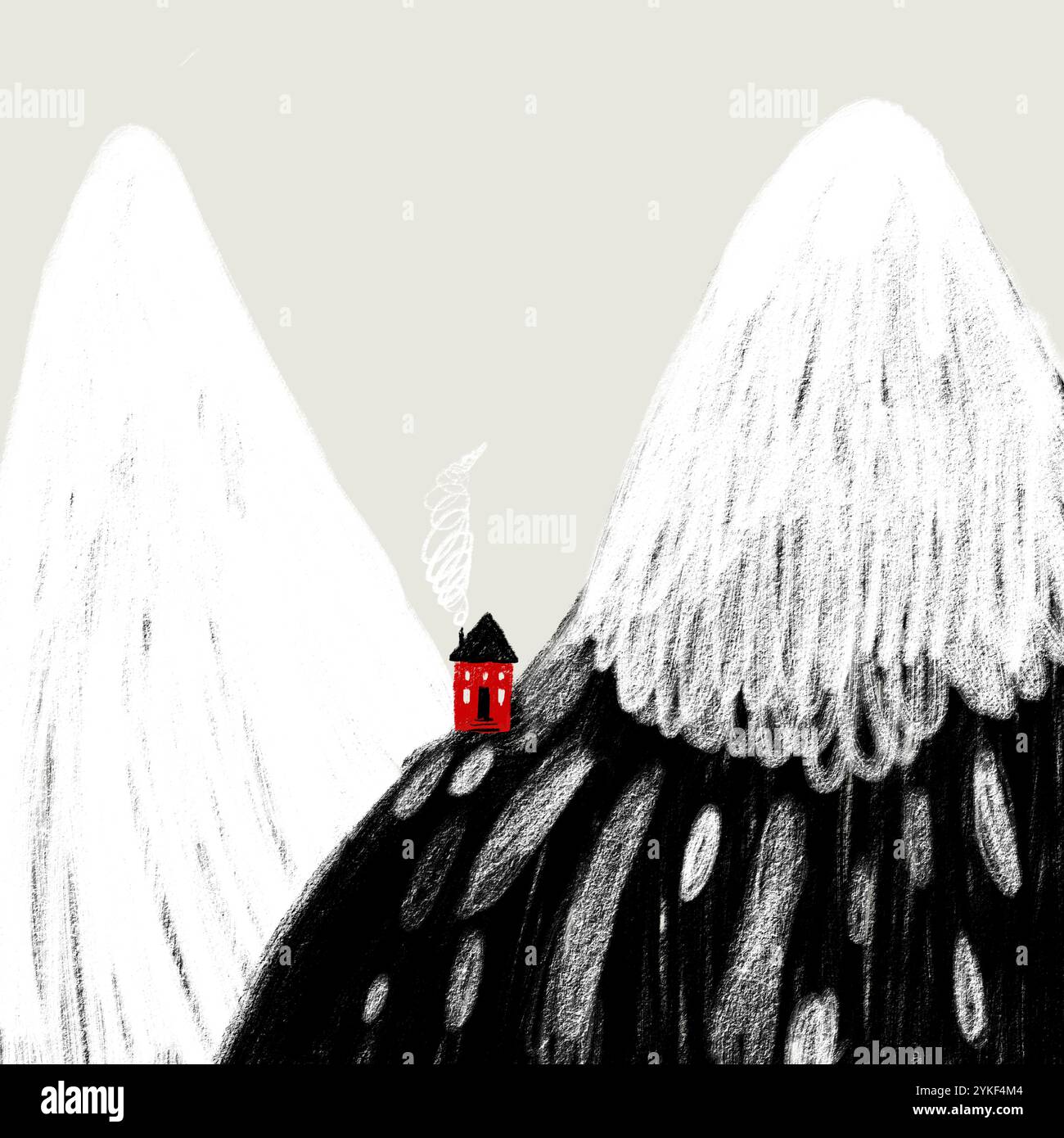 Illustration d'une charmante cabane rouge avec une cheminée fumeurs, isolée entre d'imposantes montagnes enneigées, évoquant un sentiment d'isolement paisible. Banque D'Images