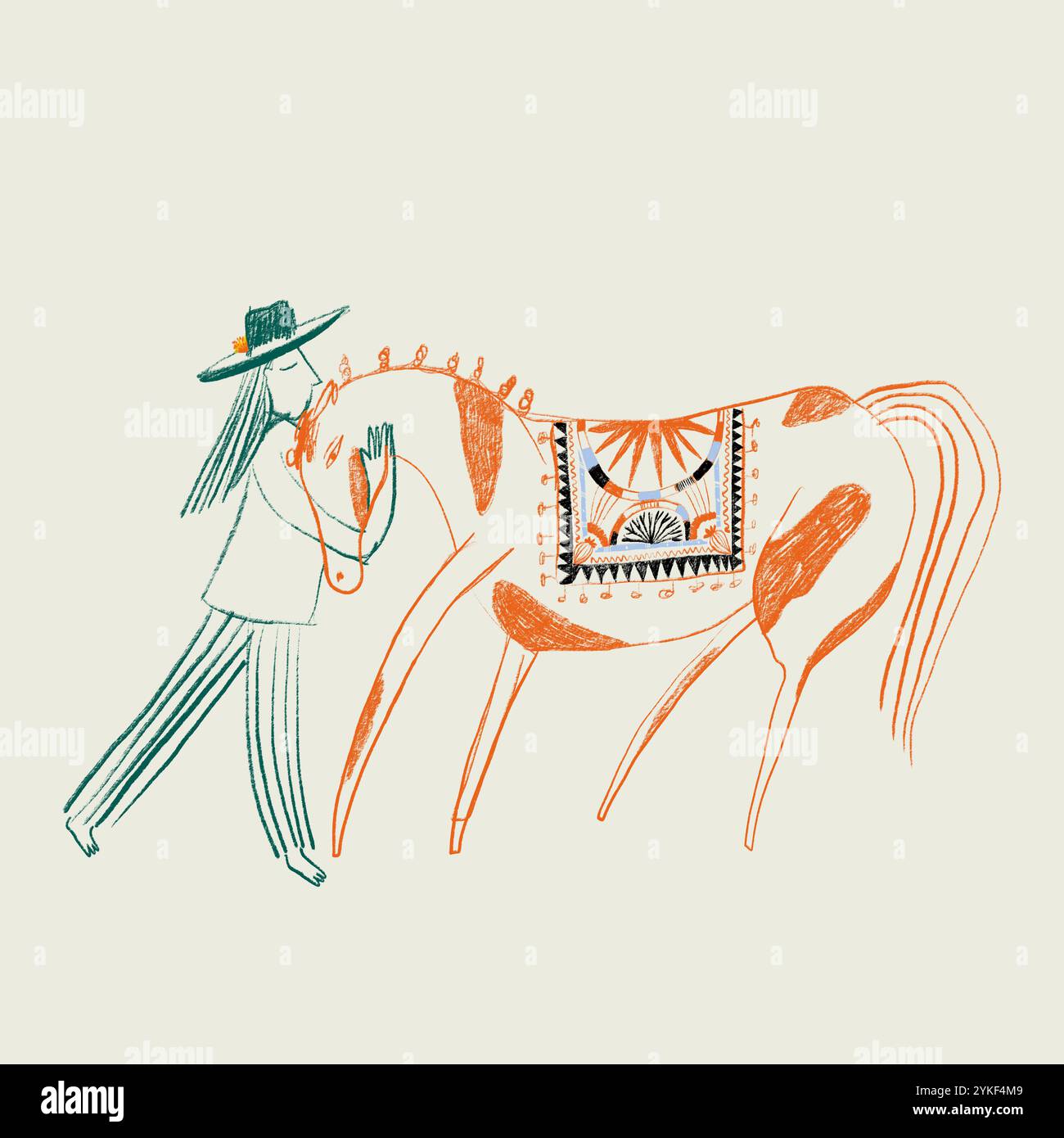 Une illustration vibrante d'une femme avec un cheval, mettant en évidence les couleurs et les motifs du désert l'œuvre capture un sentiment d'harmonie et d'aventure, parfait Banque D'Images
