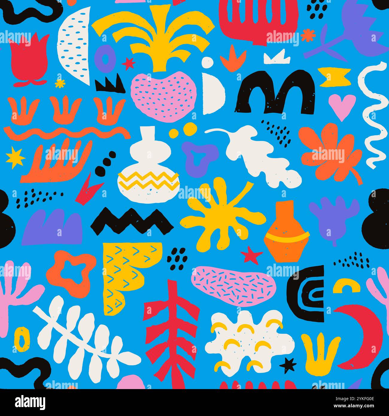 Motif sans couture abstrait avec des figures et des blobs de forme libre, illustration de crayon coloré dessinée à la main. Ensemble moderne d'autocollants vectoriels tendance de diverses plantes Illustration de Vecteur