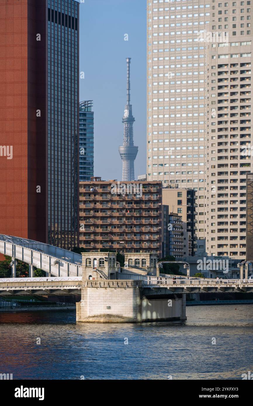 Ceci est une vue de Tokyo Skytree entre les immeubles d'appartements le long de la rivière Sumida le 17 juin 2023 à Tokyo, Japon Banque D'Images