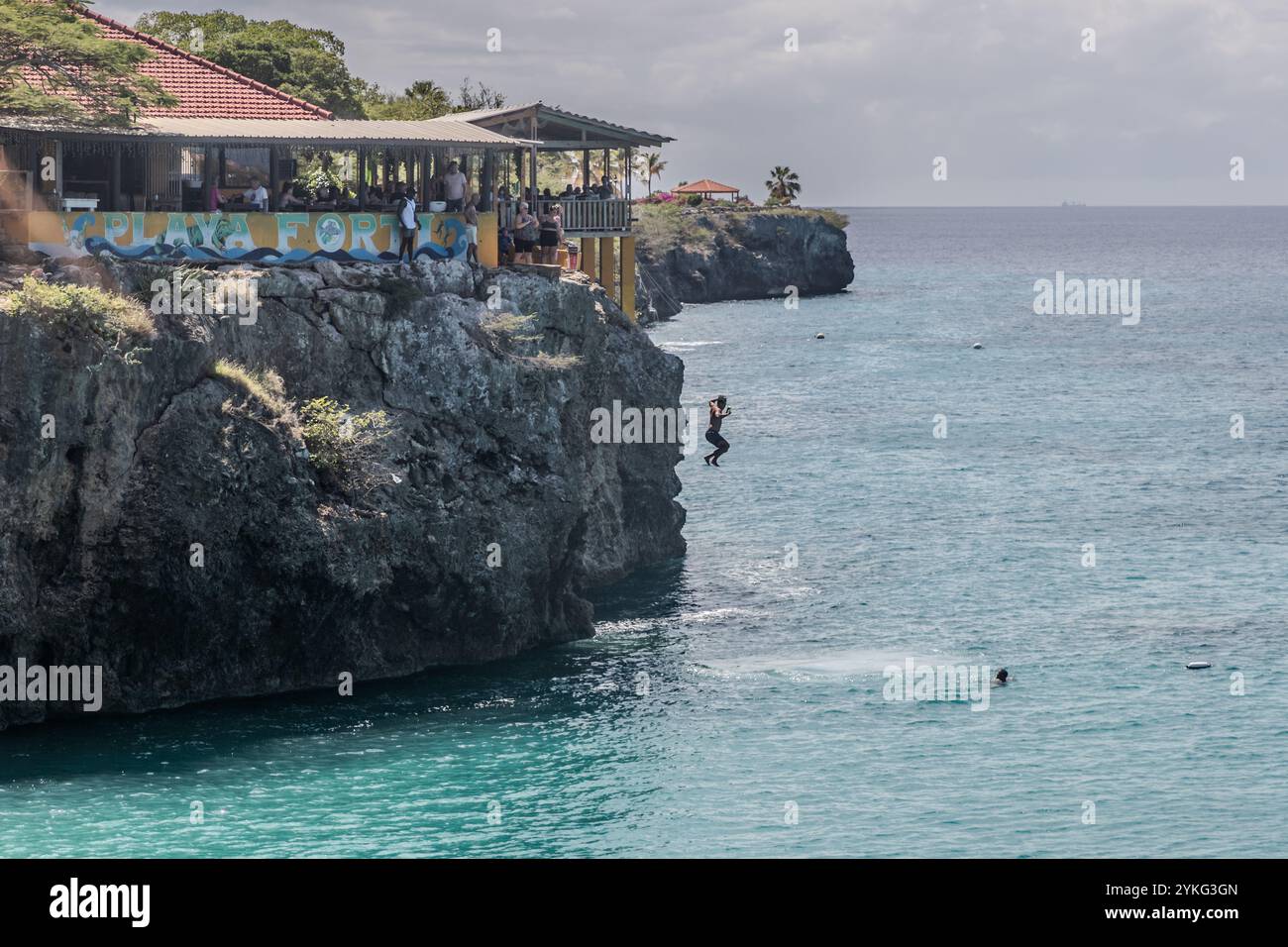 Un plongeur de falaise saute des rochers à Playa Forti à Westpunt, Curaçao, dans la mer des Caraïbes. Le restaurant Playa Forti est reconnaissable par les lettres sur la paroi rocheuse. Il est situé directement au-dessus du point de saut. Des baigneurs nagent déjà dans l'eau en dessous. Banque D'Images