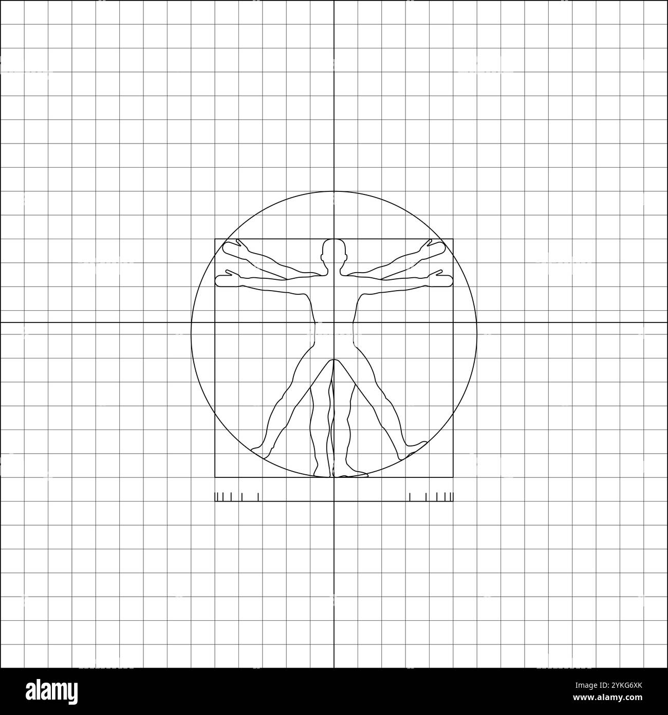 Image de Léonard de Vinci représentation de l'homme à l'intérieur du cercle sur la feuille de carnet de papier à carreaux. Feuille de papier scolaire doublée dans une cage avec d mathématique Illustration de Vecteur