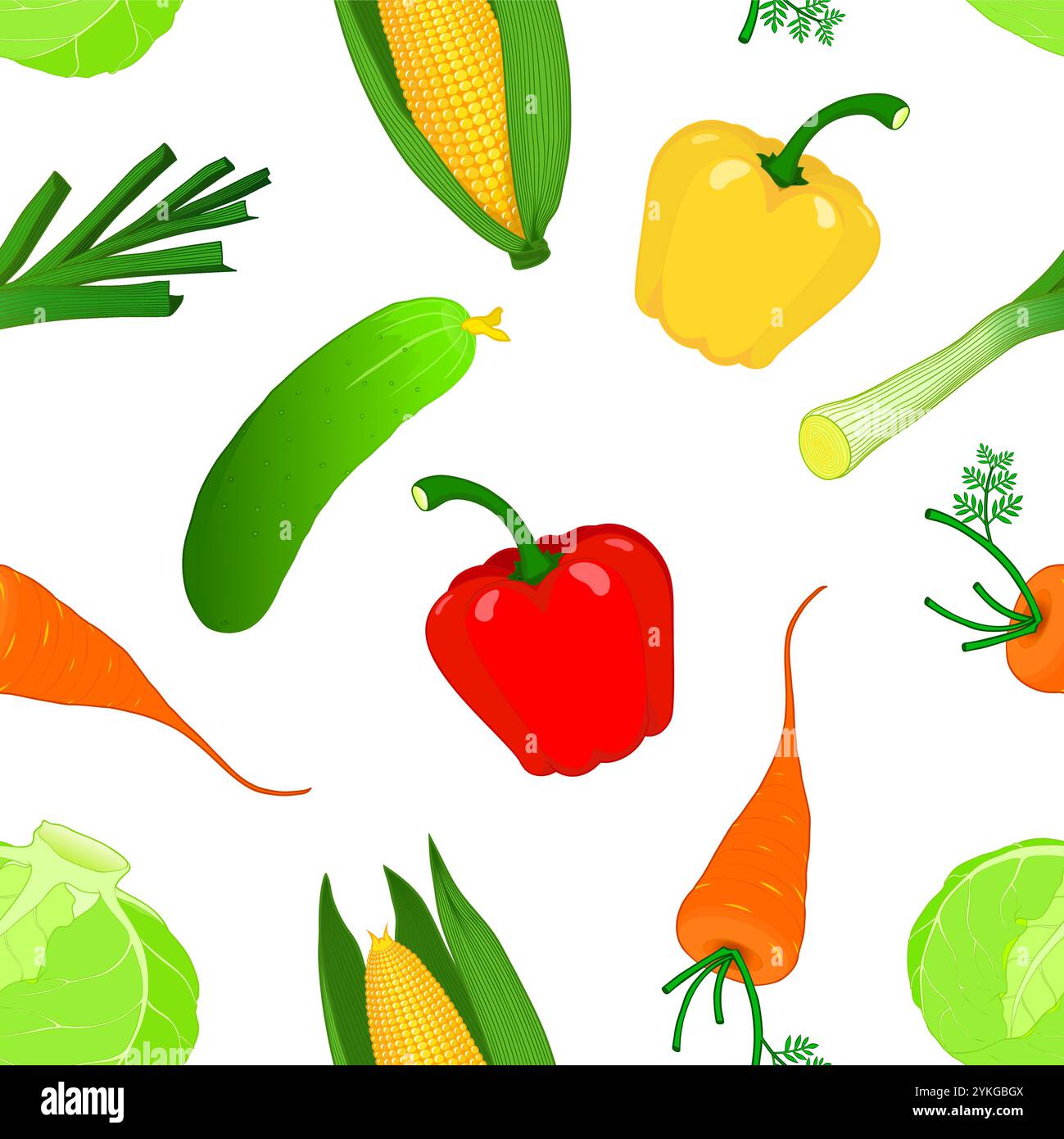 Motif végétal sans couture. Chou, maïs sucré, carotte, concombre, poireau, poivron sur fond blanc. Illustration plate. Illustration de Vecteur