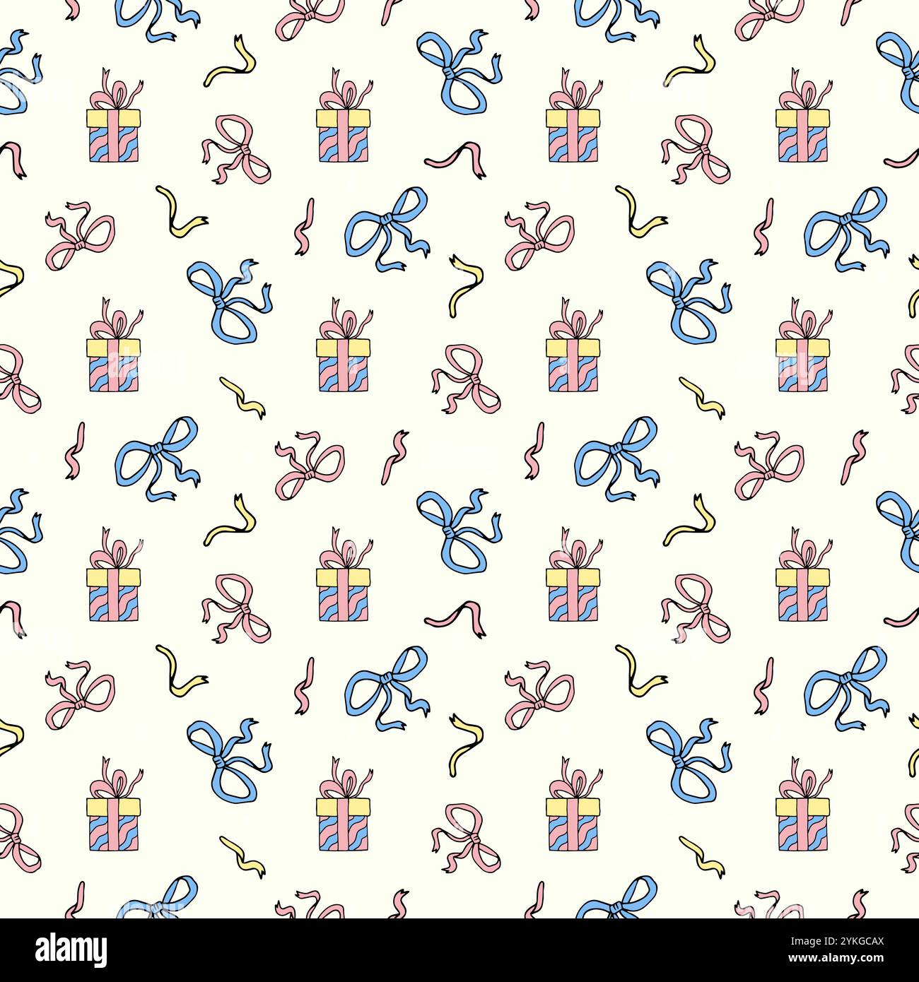 Modèle sans couture de boîtes-cadeaux de Noël colorées avec des rubans et des noeuds dans le style doodle. Fond festif avec des cadeaux pour le nouvel an, anniversaire. Motif Illustration de Vecteur