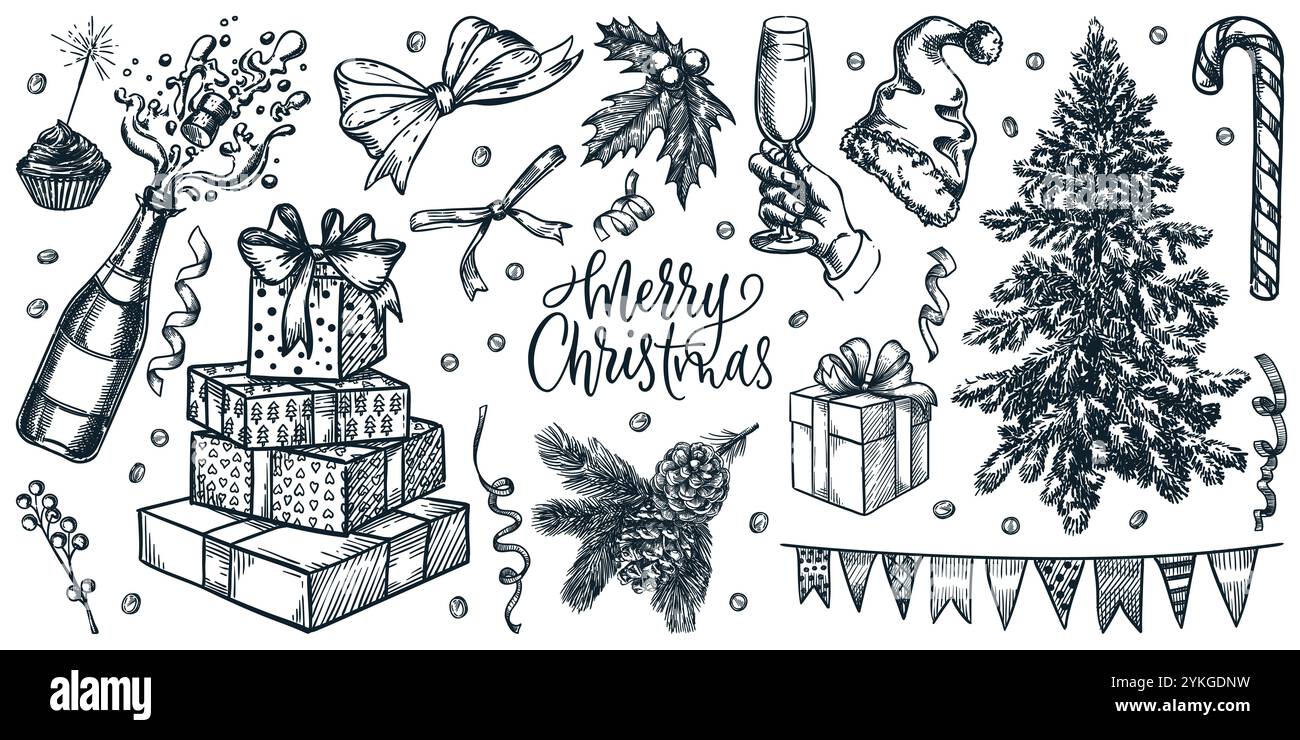 Ensemble d'icônes vintage de Noël et du nouvel an. Illustration monochrome dessinée par vecteur à la main des cadeaux et de la décoration. Éléments de conception de vacances d'hiver iso Illustration de Vecteur