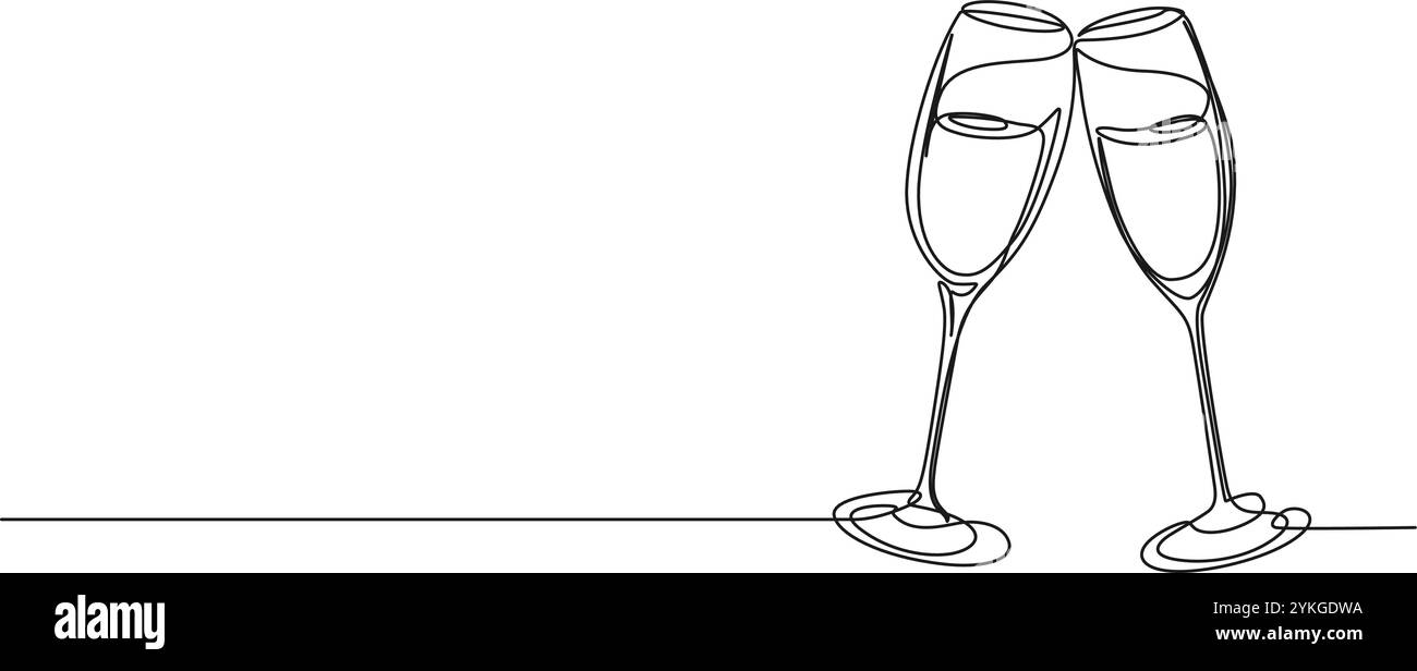 dessin simple ligne continu de verres de champagne clinking, illustration vectorielle d'art au trait Illustration de Vecteur