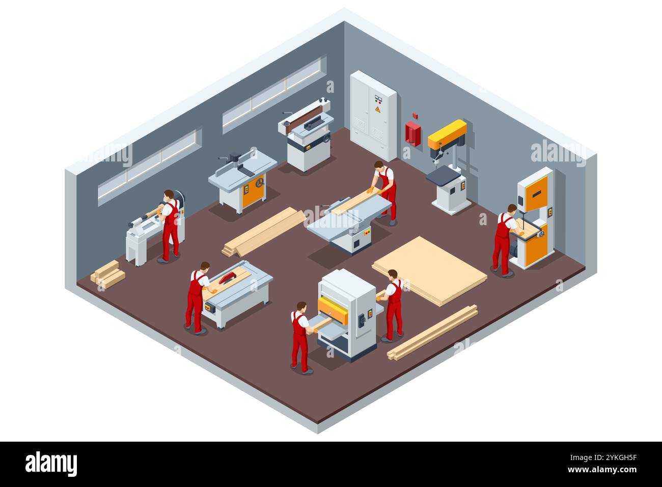 Charpentier isométrique travaillant sur des machines à bois dans l'atelier de menuiserie. Machine à travailler le bois. Atelier de menuiserie. Outils pour le travail du bois Illustration de Vecteur