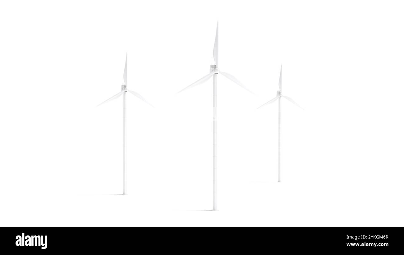 Blanc blanc blanc trois maquette d'éolienne, vue de côté, rendu 3D. Moulins à vent à rendement vide pour maquette d'énergie écologique, isolés. Effacer sélection globale Banque D'Images