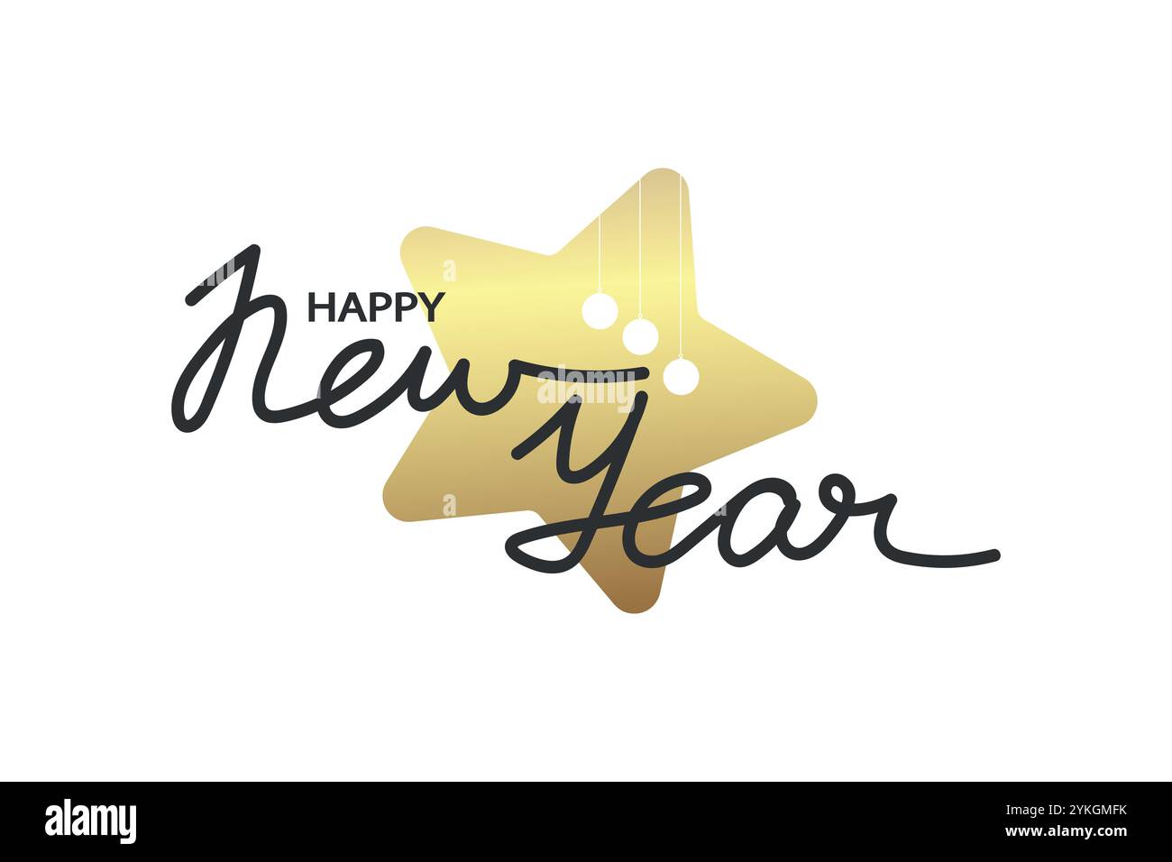 Joyeux nouvel an calligraphie design avec étoile dorée décorée de boules de Noël. Avait dessiné illustration vectorielle de logo Illustration de Vecteur