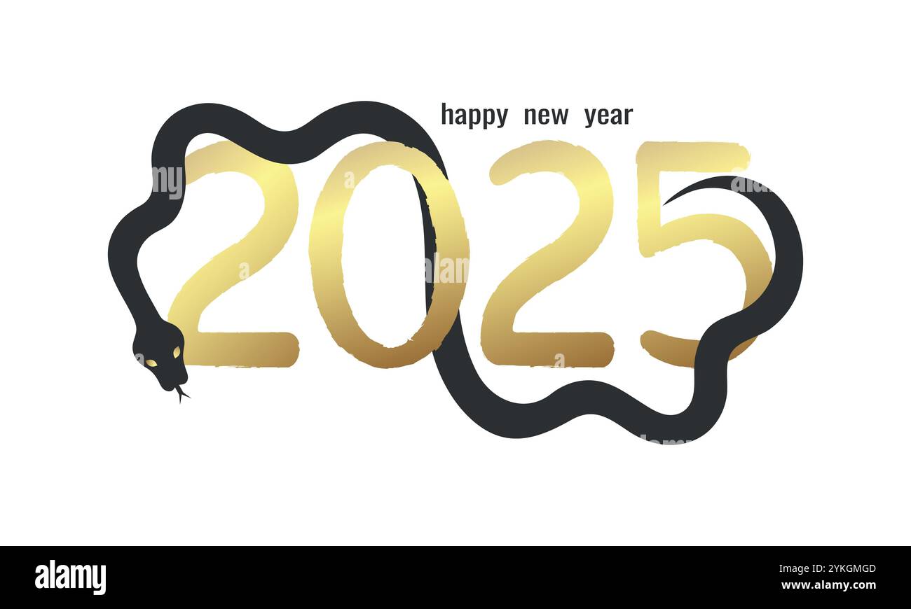 Bonne année 2025. Année du serpent. Numéros dorés dessinés à la main et symbole de serpent noir. Illustration vectorielle Illustration de Vecteur