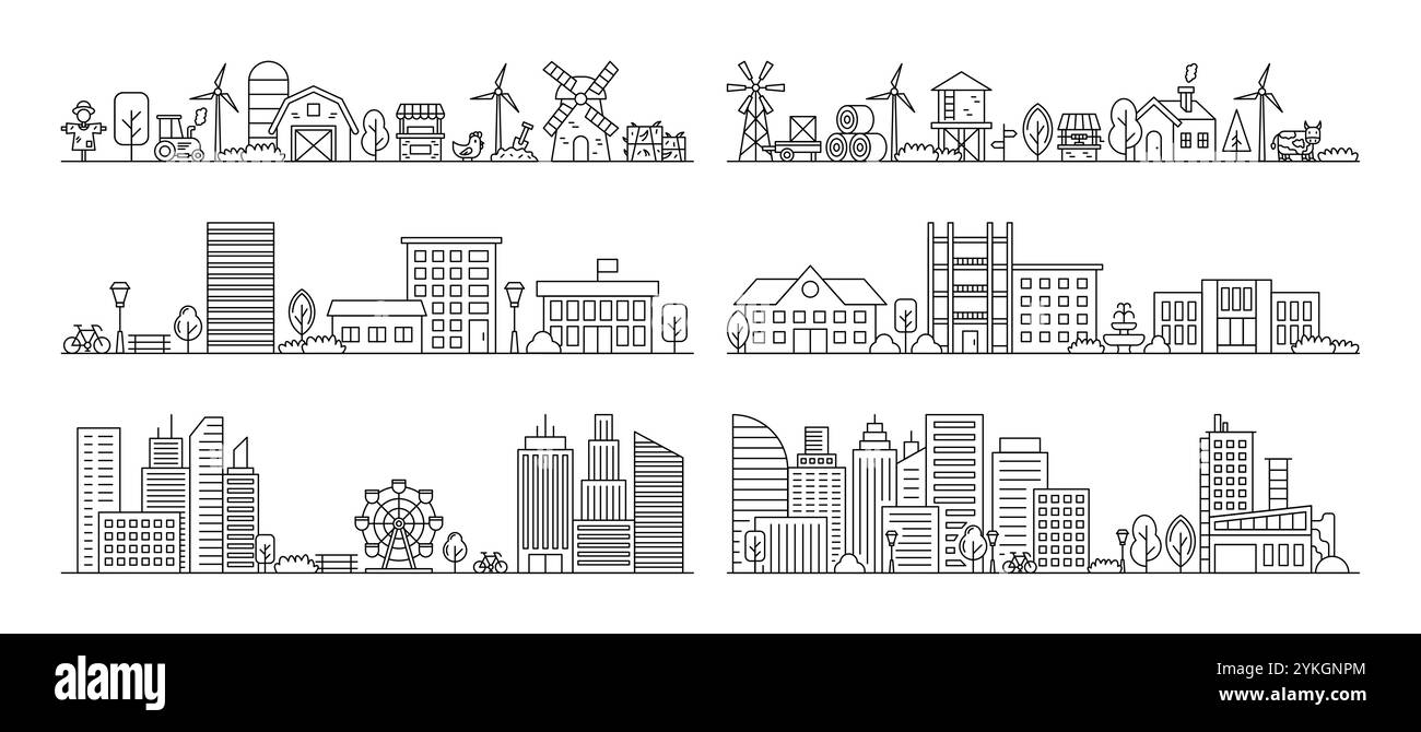 Ville de la ligne. Panorama d'art urbain, rue ville ou village, petite ferme rurale. Usine urbaine linéaire, voiture ou parking d'environnement de contour. Gratte-ciel et gagner Illustration de Vecteur