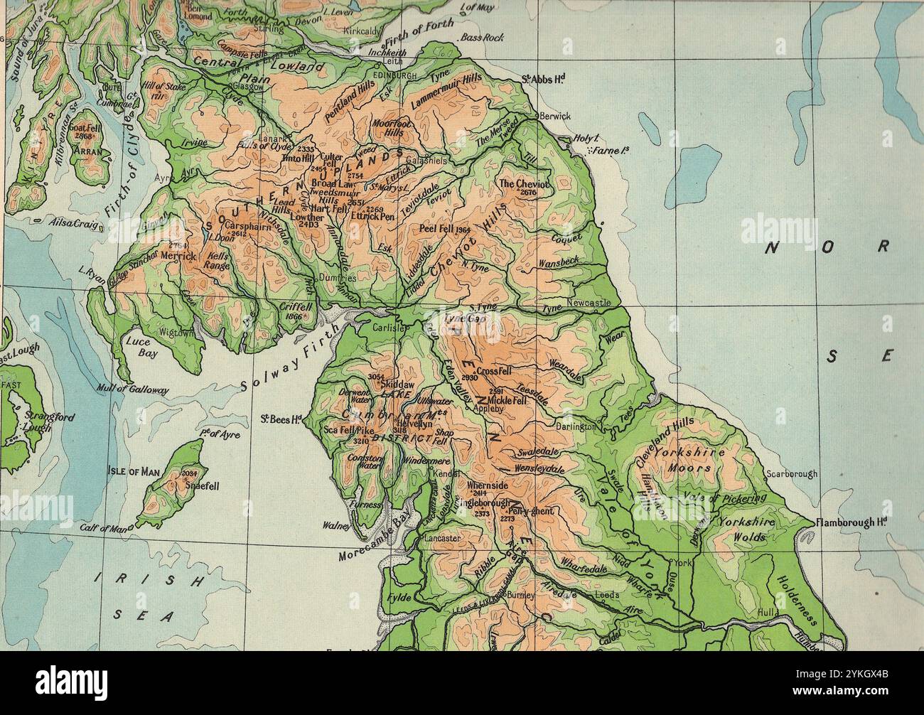 Une carte géographique vintage du milieu du XXe siècle montrant le nord de l'Angleterre. Banque D'Images