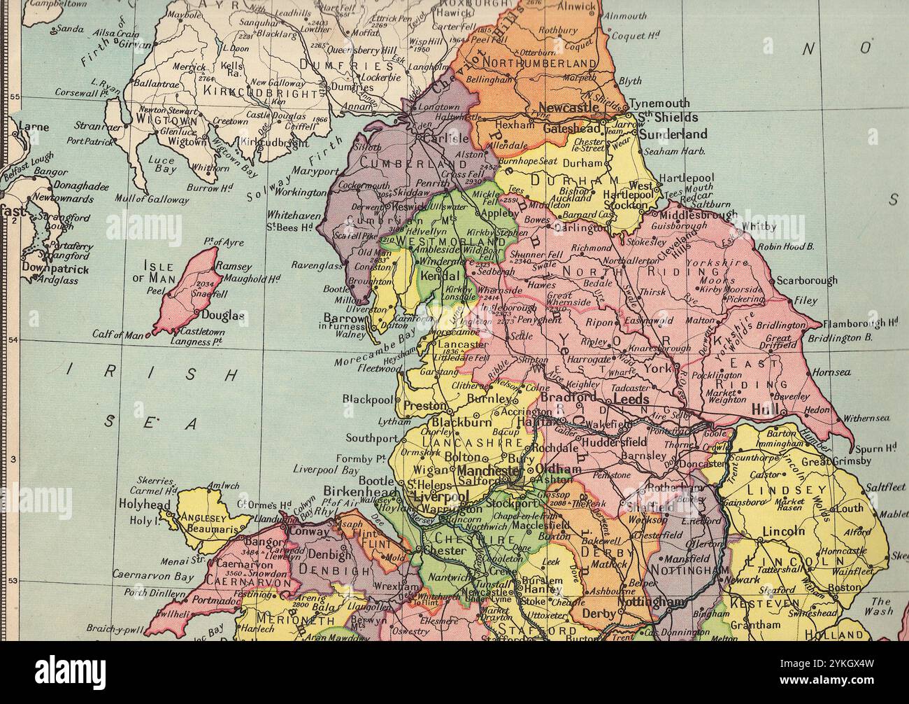 Une carte politique vintage du milieu du XXe siècle montrant le nord de l'Angleterre. Banque D'Images