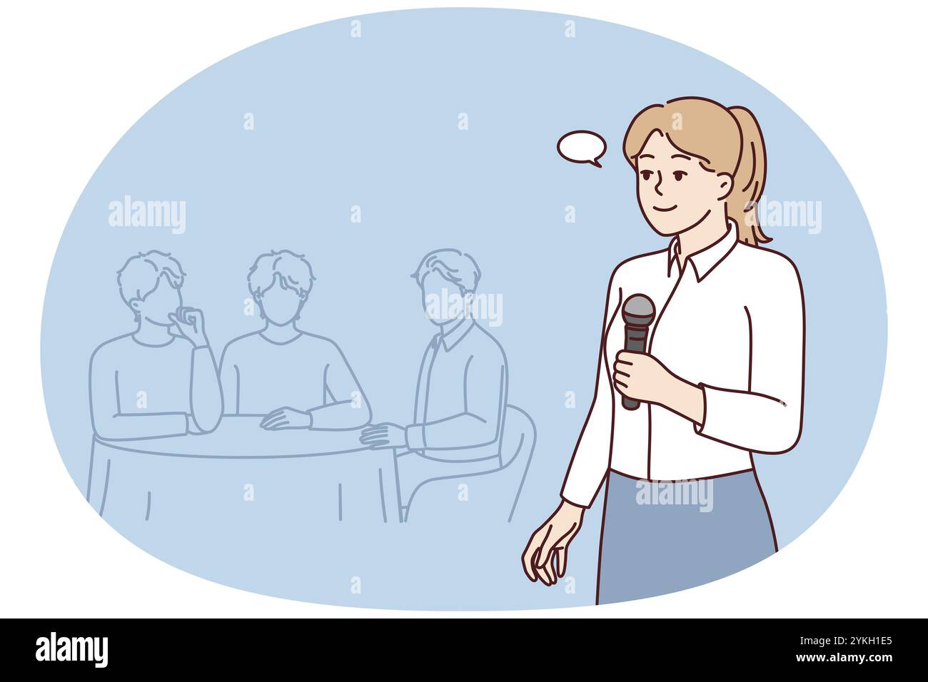 Une femme avec microphone est l'hôte d'un quiz intellectuel où les équipes se disputent en répondant à des questions et en remue-méninges. Coach fille se tient près de la table wi Banque D'Images