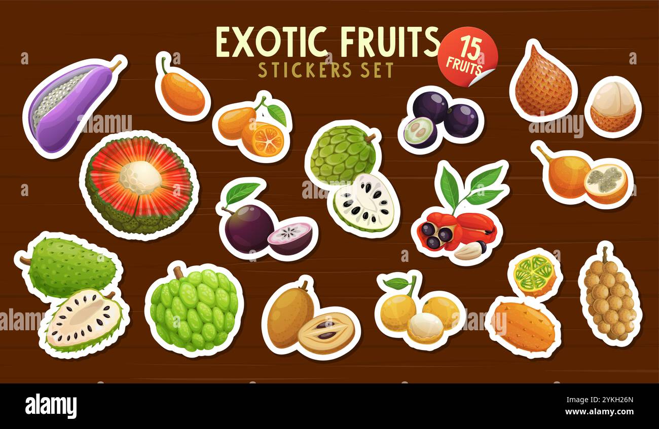 Les autocollants de fruits exotiques emballent la nourriture de baies tropicales vectorielles. Cherimoya frais, kumquat, pomme étoilée et kiwano, granadilla et fruits de soursop sur fond de planches de bois. Paquet d'autocollants de baies exotiques de dessin animé Illustration de Vecteur