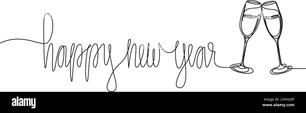Dessin continu à une ligne de mots manuscrits BONNE ANNÉE et verres de champagne clinking, illustration vectorielle d'art au trait Illustration de Vecteur