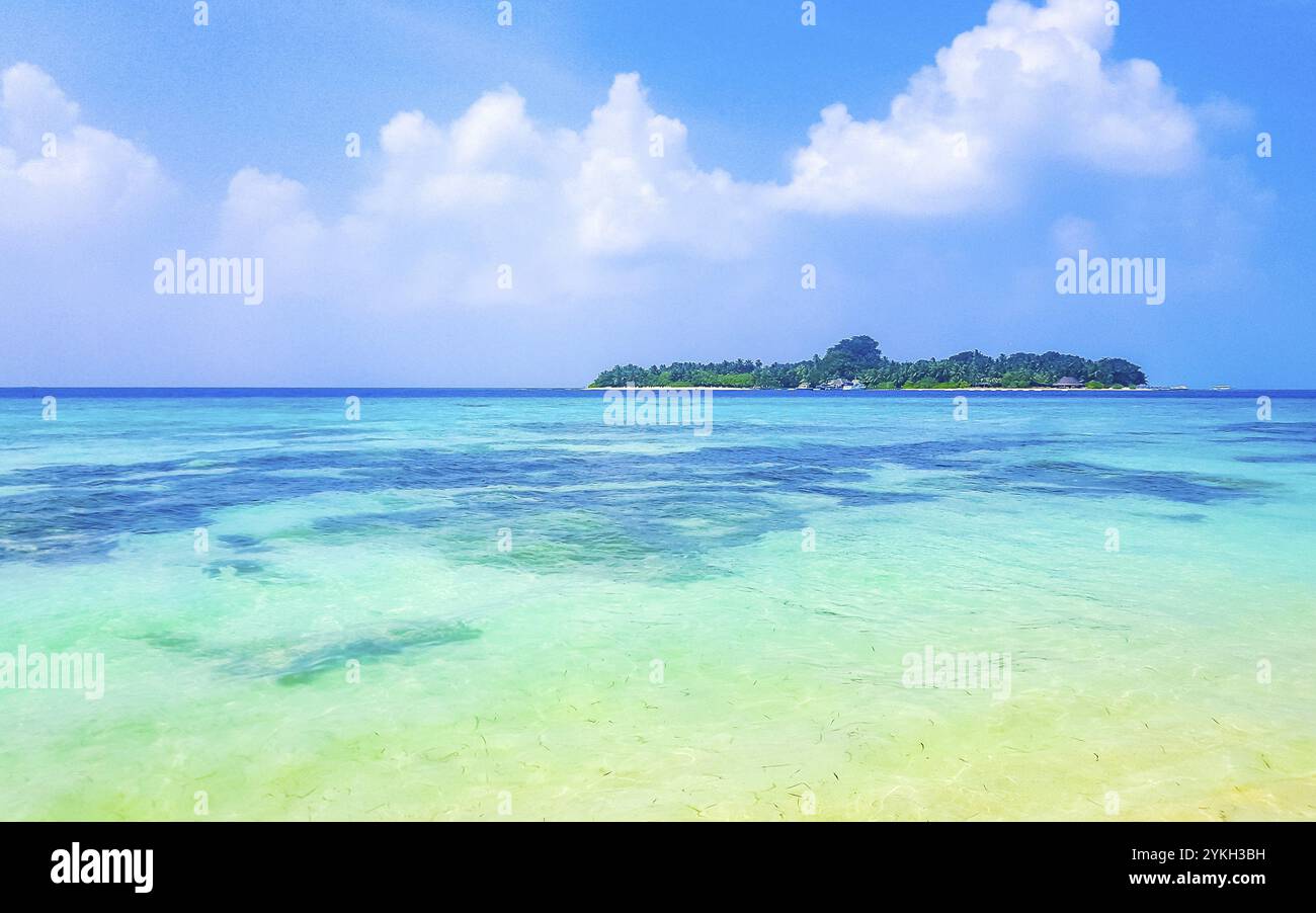 Île paradisiaque tropicale Kuramathi pour des vacances luxueuses avec des palmiers sable blanc et des eaux turquoise sur Rasdhoo Atoll Maldives Banque D'Images