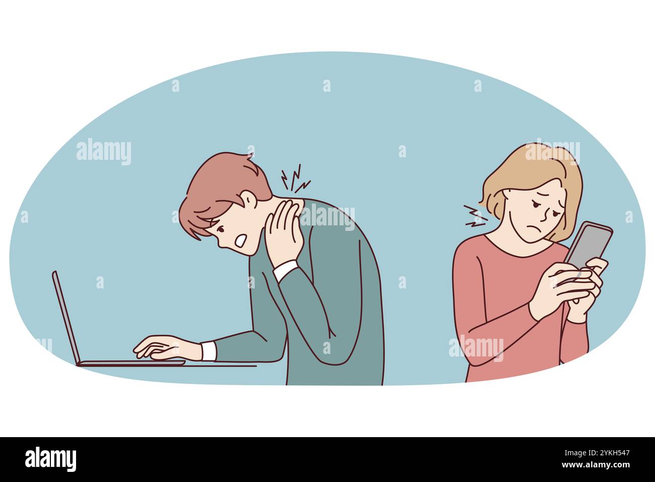 Les personnes qui travaillent sur des gadgets souffrent de problèmes de cou. Les utilisateurs dépendants des appareils luttent contre le mal de dos ou le spasme spinal. Problème de position sédentaire. V Banque D'Images
