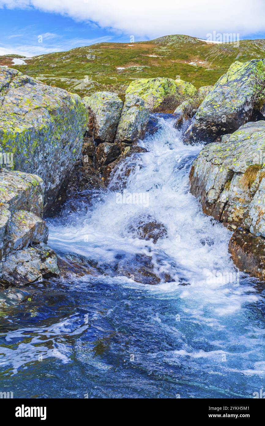 Belle rivière StoreBotane par le lac vavatn avec de la neige dans le paysage d'été à Hemsedal Norvège Banque D'Images