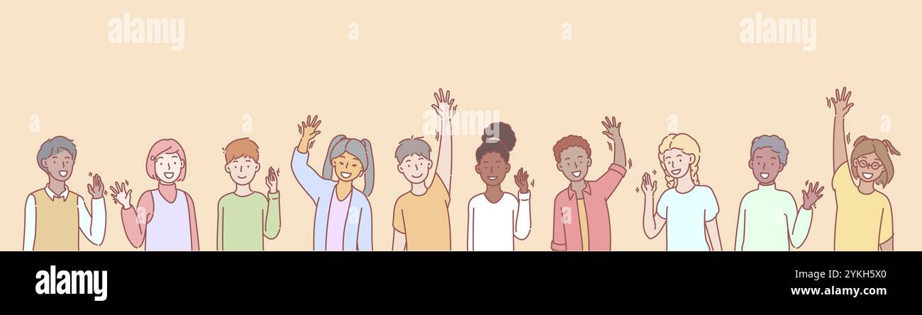 Ensemble de volontaires multiethniques enfants concept. Groupe d'enfants multinationaux agitant leurs mains en saluant. Collection d'illustrations d'enfants, b Banque D'Images