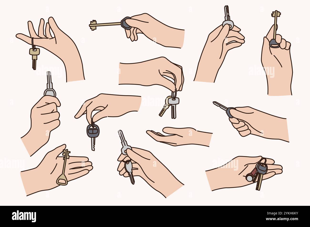 Ensemble de mains de personnes tenant les clés de nouvel appartement ou voiture. Collection de personnes les propriétaires célèbrent la possession. Concept de propriété. Location et immobilier. i Banque D'Images