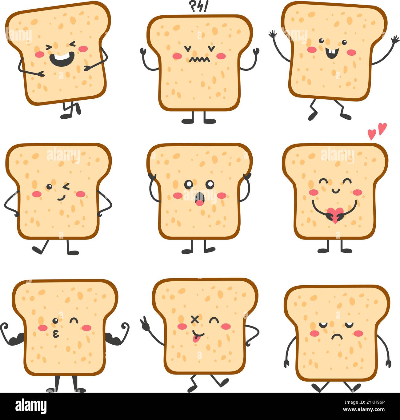 Caractère de tranche de pain. Toast émotionnel drôle dans différentes poses. Mascotte enfantine de dessin animé mignonne, élément de petit déjeuner kawaii. Vecteur NEOTERIQUE alimentaire isole Illustration de Vecteur