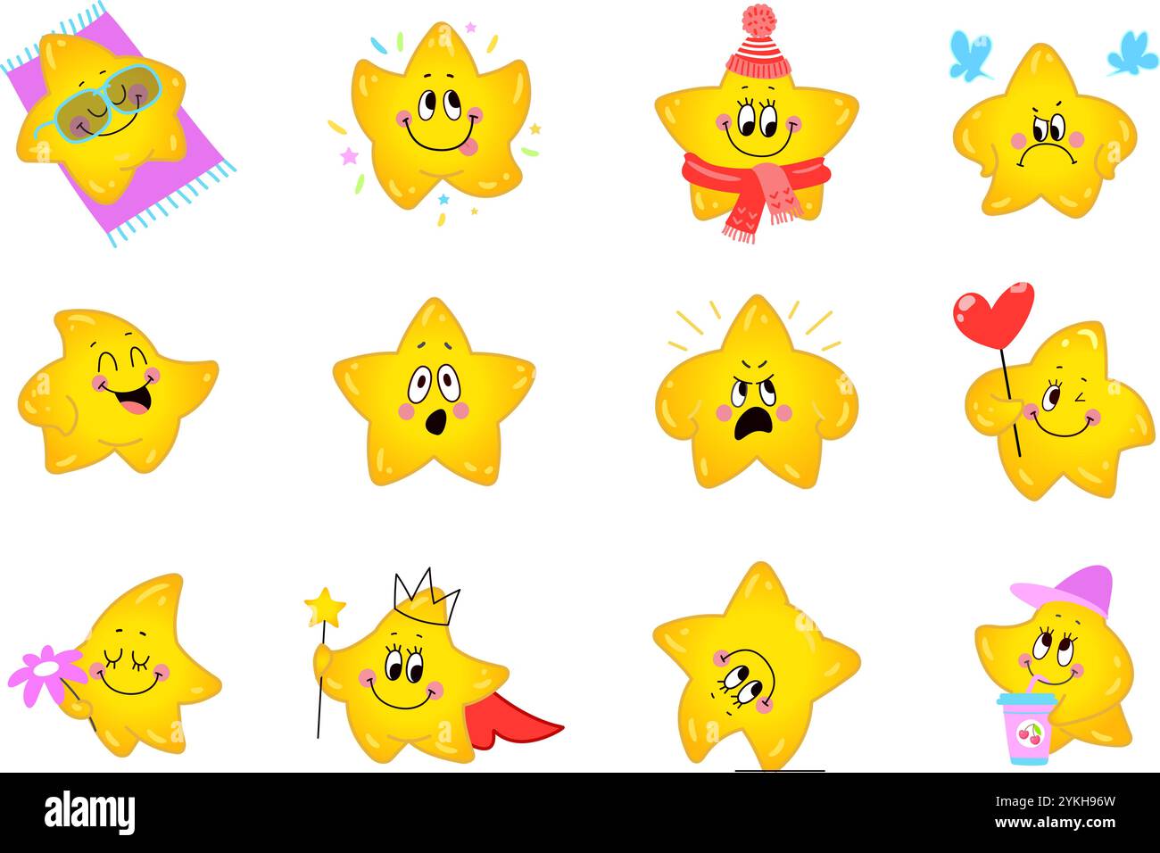 De mignonnes étoiles. Positive étoile kawaii surpris sourire buvant repos sur la plage. Caractères jaunes dans diverses poses et expressions, vecteur émotionnel de nos jours Illustration de Vecteur