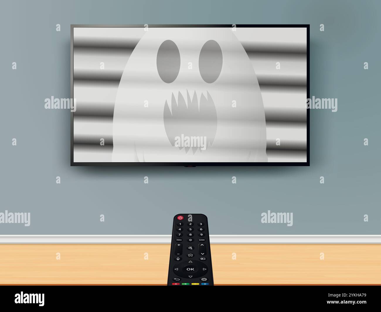 Regarder la télévision avec un film d'horreur effrayant. La télécommande est dirigée vers le téléviseur sur le mur avec fantôme à l'écran. Illustration vectorielle. Illustration de Vecteur
