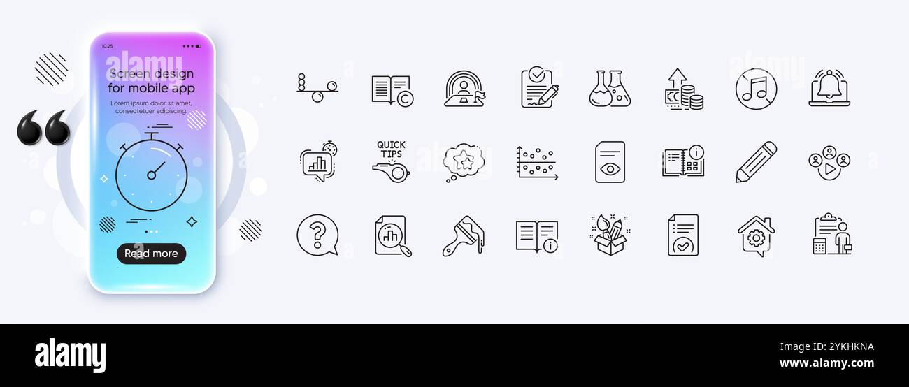 Afficher les icônes de ligne de document, de pinceau et de document approuvé pour l'application Web. Écran dégradé de la maquette de téléphone. Pack de LGBT, Balance, instruction info pictogramme ico Illustration de Vecteur