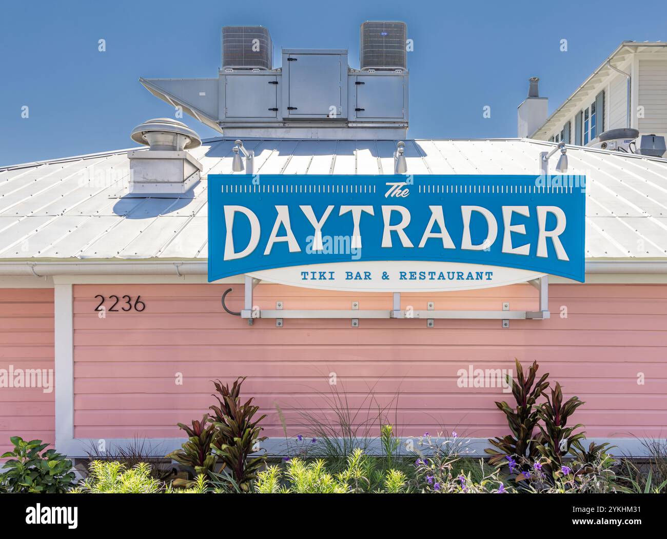 signez pour le restaurant daytrader en bord de mer Banque D'Images