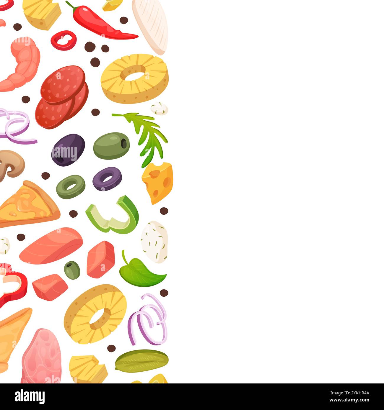 fond de légumes. pizza ingrédients fromages saucisses de viande et légumes frais de la ferme. modèle vectoriel pour la conception d'impression et place vide pour le texte Illustration de Vecteur