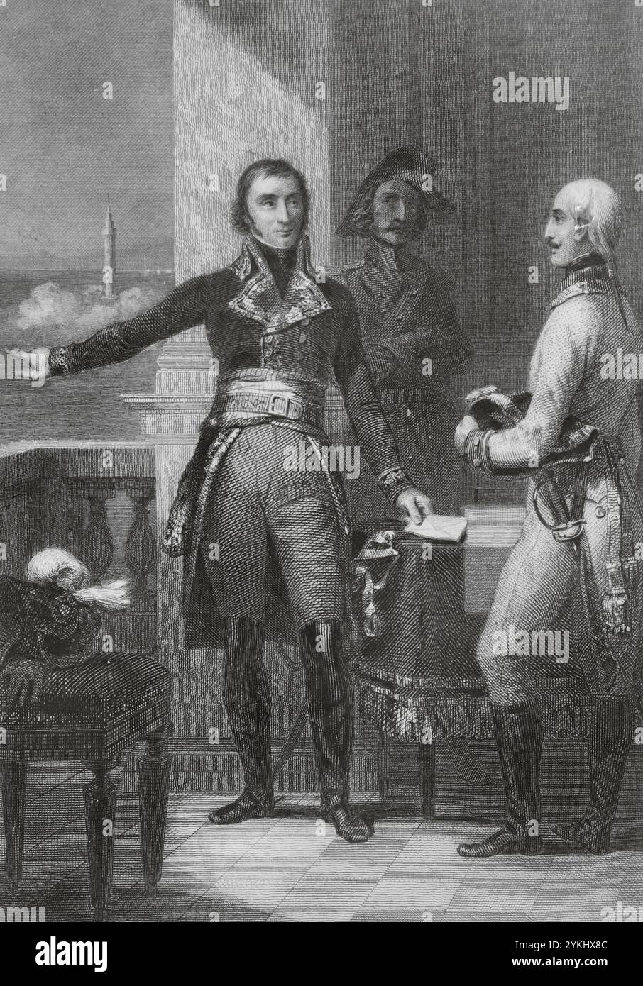 André Masséna (1758-1817) Officier militaire français. Nommé maréchal de l'Empire par Napoléon en 1804. Masséna au siège de Gênes (6 avril au 4 juin 1800), négociant avec un officier autrichien. Portrait. Dessin d'Eugène Charpentier. Gravure de Geoffroy. Histoire du Consulat et de l'Empire, par A. Thiers. Volume I. publié à Paris, 1845. Banque D'Images
