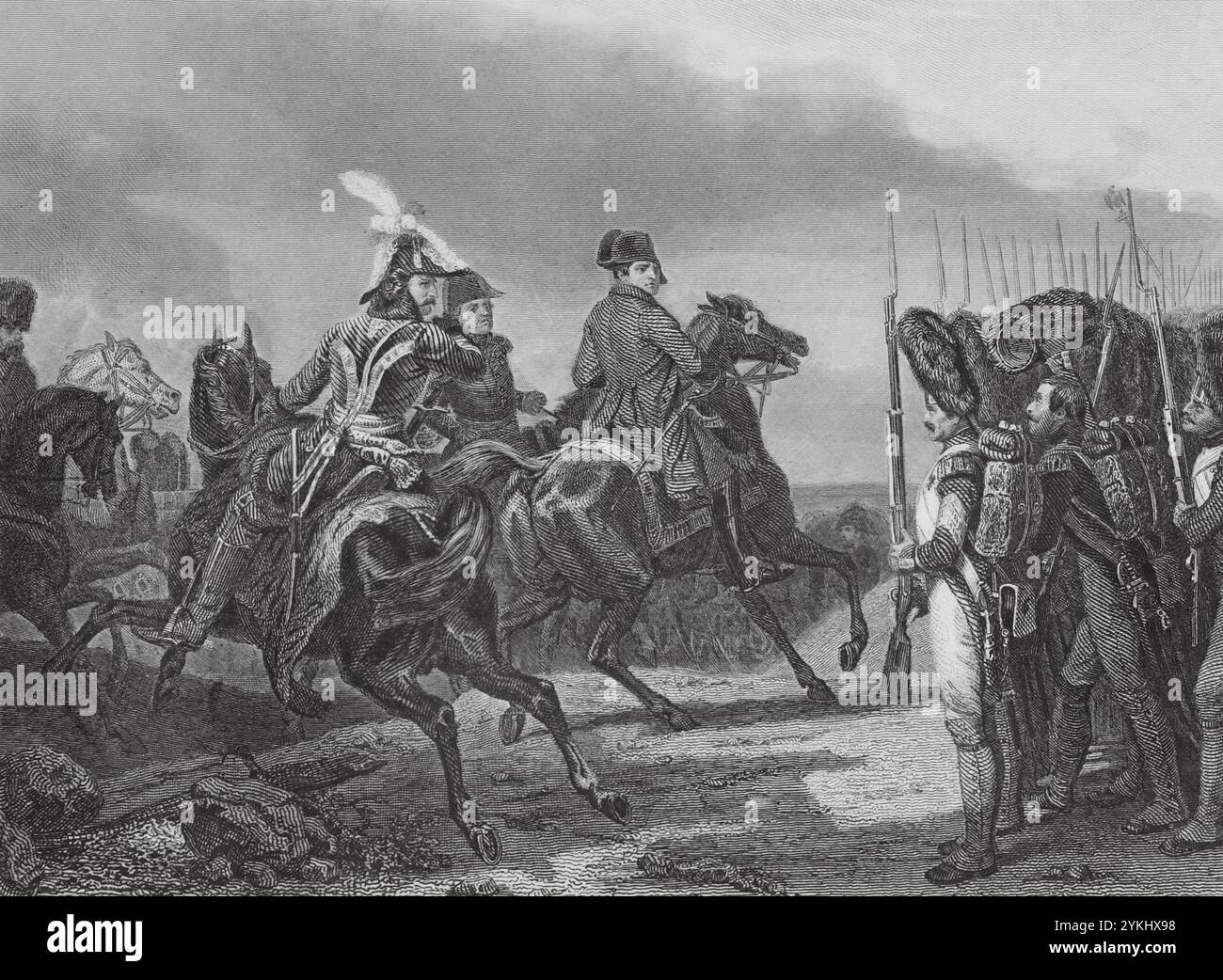 Bataille d'Iéna (14 octobre 1806). L'armée française sous Napoléon a vaincu les troupes prussiennes commandées par Frédéric-Guillaume III de Prusse. Napoléon Ier à la bataille d'Iéna. Napoléon passe en revue la Garde impériale. La scène représente Napoléon assistant au salut d'un Grenadier de la Garde impériale. Murat est représenté derrière lui. Dessin d'Edouard Girardet d'après le tableau d'Horace Vernet. Gravure de Paul Girardet. Histoire du Consulat et de l'Empire, par A. Thiers. Volume VII publié à Paris, 1847. Banque D'Images